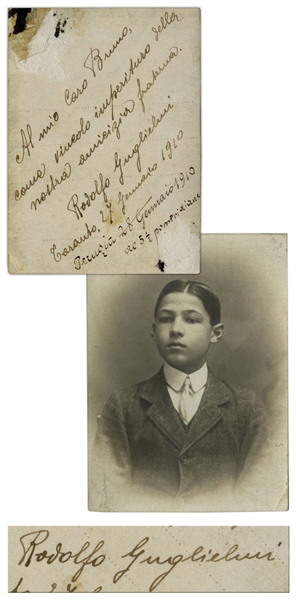 Rudolph Valentino Signed Photo With His Real Name ''Rodolfo Guglielmi'' -- Shows Valentino as a Young Boy